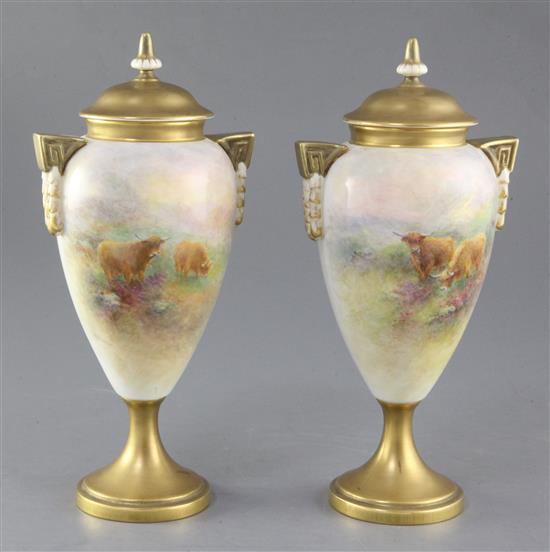 Harry Stinton for Royal Worcester. A pair of Highland cattle painted two handled vases and cover, c.1950, height 25.5cm